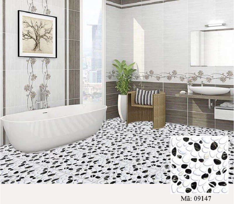 Mẫu gạch lát nền nhà tắm chống trơn Prime giả sỏi đen trắng 09147 đem lại độ thẩm mỹ cao